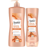 Suave Keratin Infusion conditioner standard bottle for daily smoothing and frizz control.