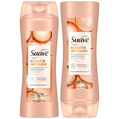 Suave Keratin Infusion Shampoo bottle pour delivers smooth frizz control