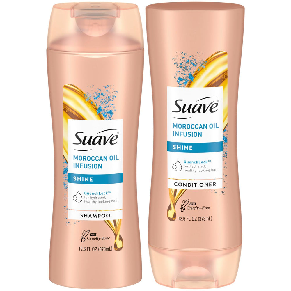 Suave Moroccan Oil Infusion Shampoo bottle adds instant shine and smooths frizz potential.