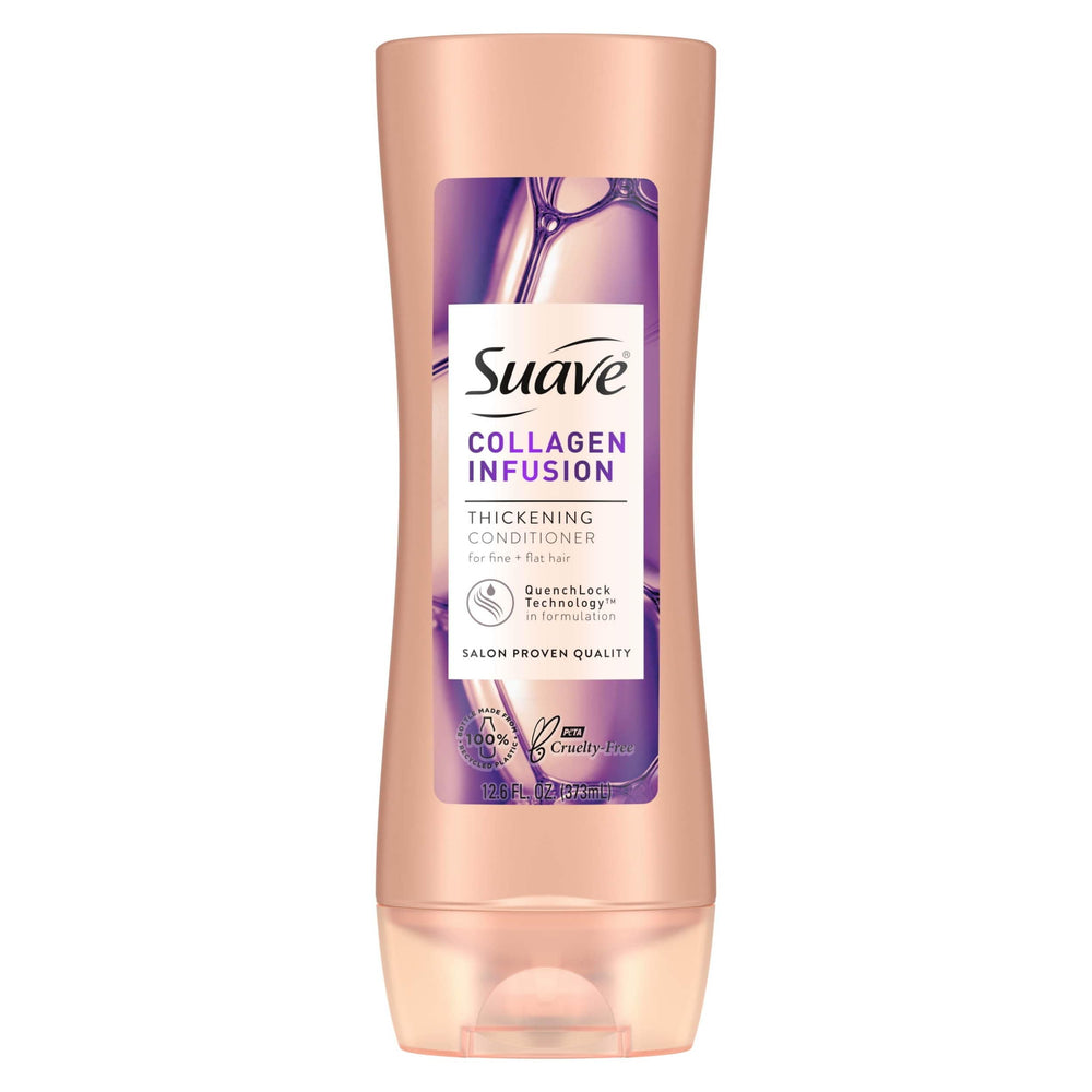 Suave Professionals Collagen Infusion Conditioner bottle boosts salon-ready volume.
