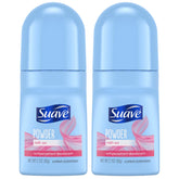 Suave powder roll-on deodorant bottles showing 2-pack convenience and 24-hour protection