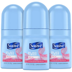 Suave roll-on powder deodorant bottle with powder-fresh scent and 24-hour protection.