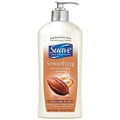 Suave Cocoa Butter & Shea lotion texture close-up hints at rich moisturization for dryness.