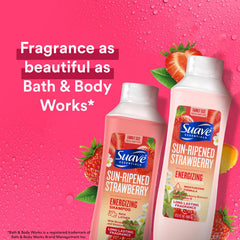 Suave sun-ripened strawberry conditioner bottle highlighting nourishing texture for softer, more manageable hair.