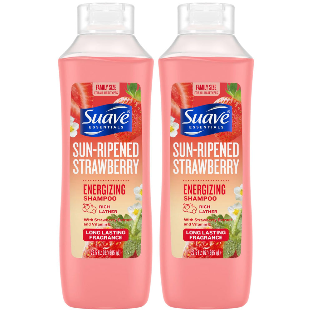 Suave Sun-Ripened Strawberry Shampoo bottle offers an energizing cleanse with strawberry extract.