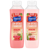 Suave sun-ripened strawberry shampoo bottle showing energizing formula for refreshed, moisturized hair.