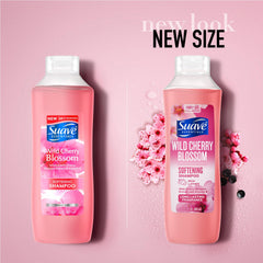 Suave Wild Cherry Blossom Shampoo label close-up highlighting Vitamin E.