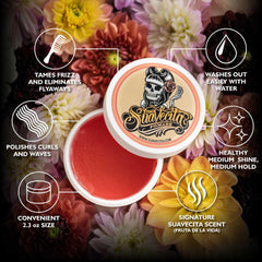 Suavecita pomade fragrance close-up highlights women's scent for styling ritual.
