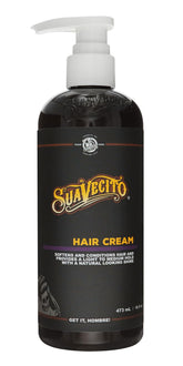 Suavecito Hair Cream pump bottle demonstrates softening and subtle shine.
