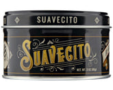 Suavecito oil based pomade tin front view highlights pliable hold for versatile styling.