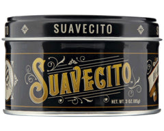 Suavecito oil based pomade tin front view highlights pliable hold for versatile styling.
