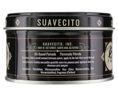 Suavecito oil based pomade tin side label emphasizes original fragrance.