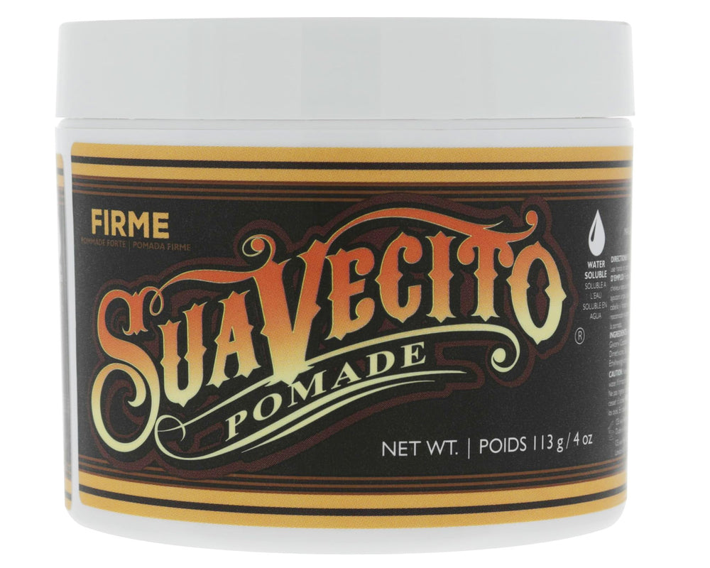 Suavecito Pomade Firme bottle close-up shows strong hold and medium shine.