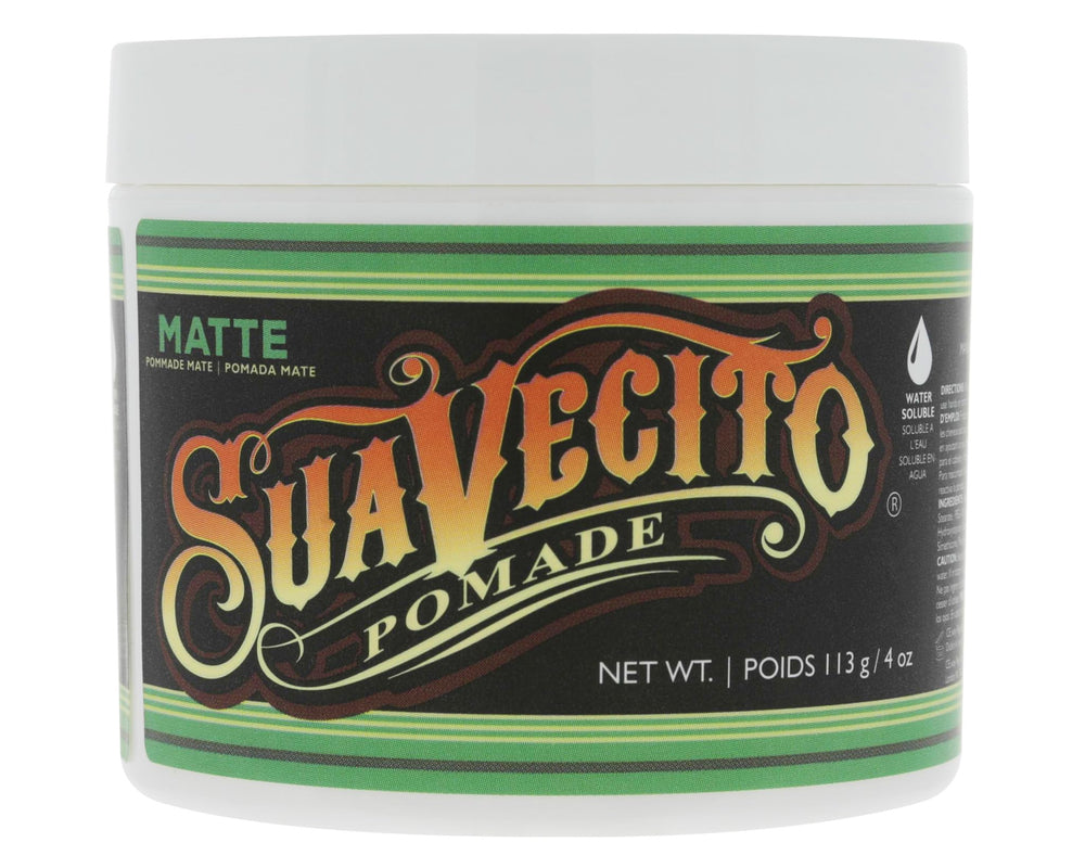 Suavecito Pomade Matte no-shine jar shows natural matte finish for textured styling
