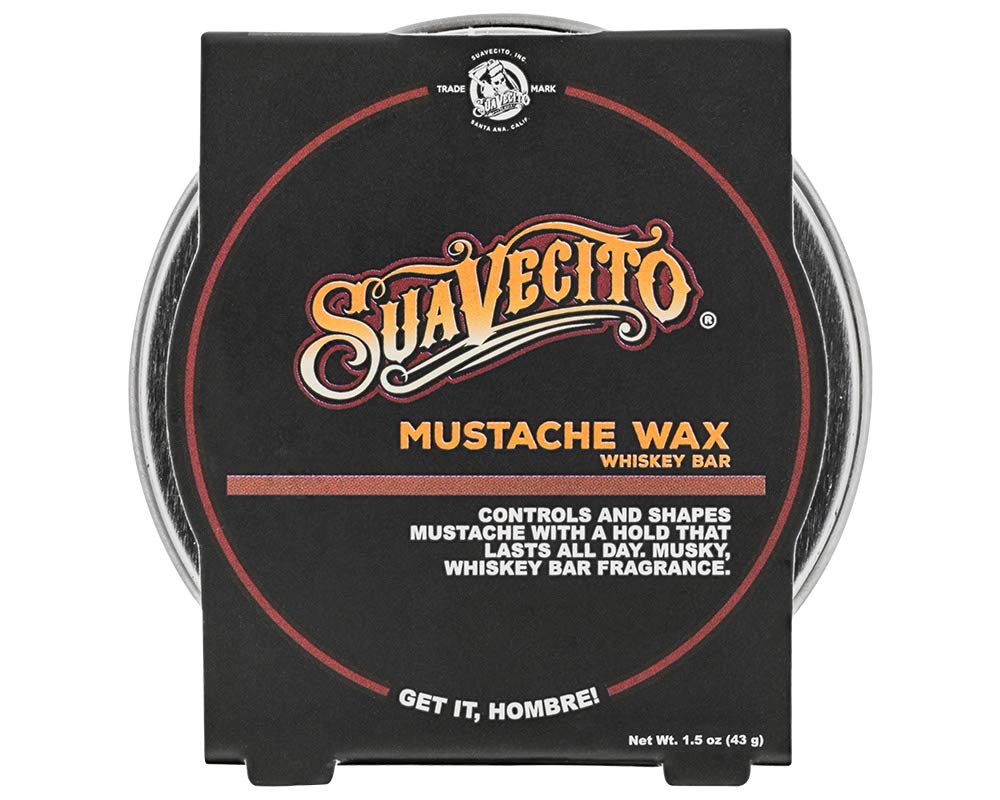 Suavecito Whiskey Bar Mustache Wax tin shows travel-ready packaging for on-the-go styling.