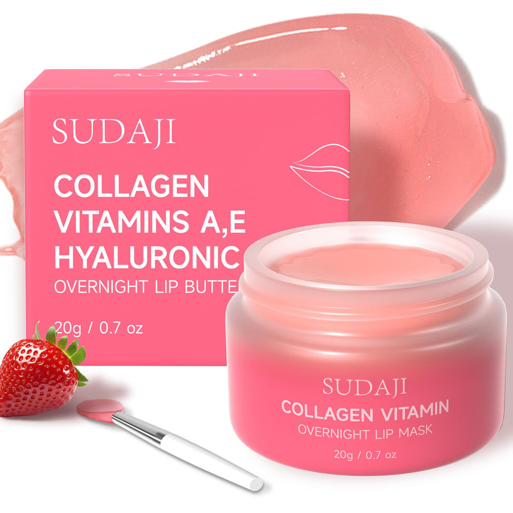 SUDAJI collagen lip mask jar showing overnight hydration for soft lips