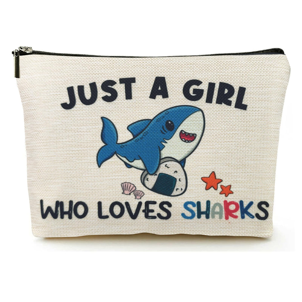 Suemetic shark gifts makeup bag, front angled view, portable travel companion.