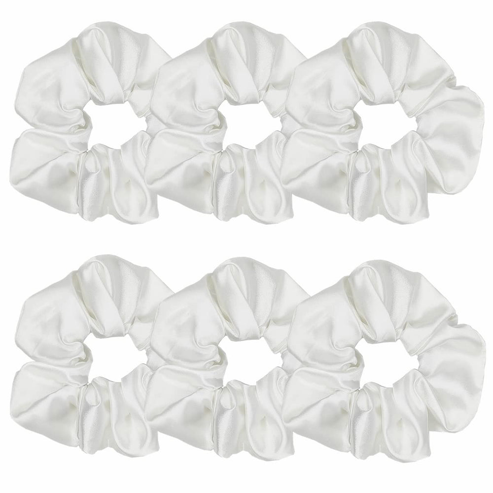 Sufermoe satin scrunchies white packshot—gentle, snag-free hold for daily wear.
