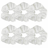 Sufermoe satin scrunchies white packshot—gentle, snag-free hold for daily wear.