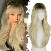 SUKRI blonde wig 26 inch layered bangs ombre with black roots ideal for daily styling