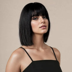 SUKRI short black straight wig with bangs, front view, ideal for daily wear.