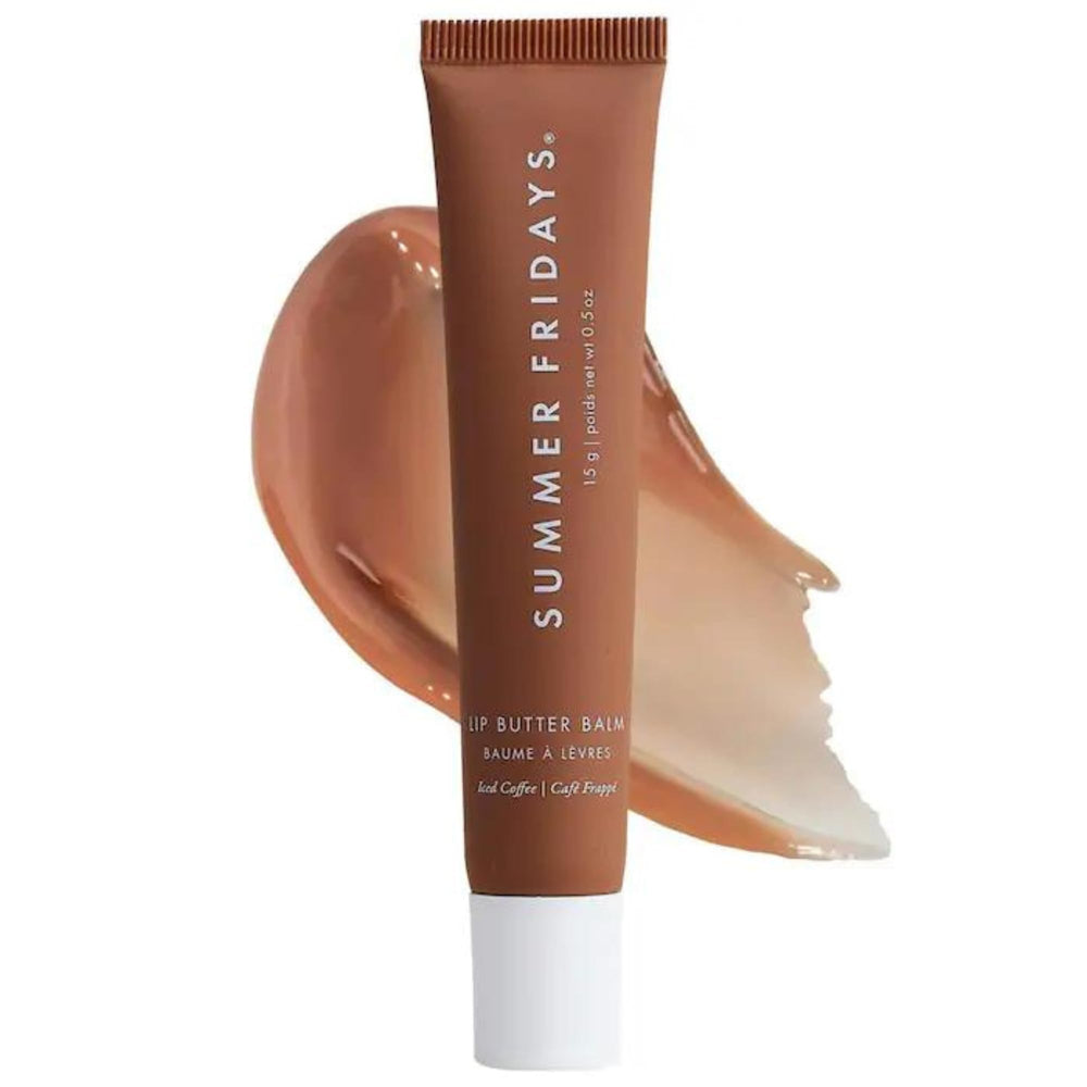 Summer Fridays Iced Coffee tinted balm tube close-up for daily hydration.