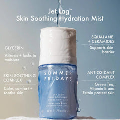 Summer Fridays Jet Lag Mist bottle-side demonstrates portable skincare for on-the-go moisture.