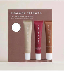 Summer Fridays lip butter balm trio image shows vanilla, vanilla beige, and brown sugar tubes for on-the-go hydration.
