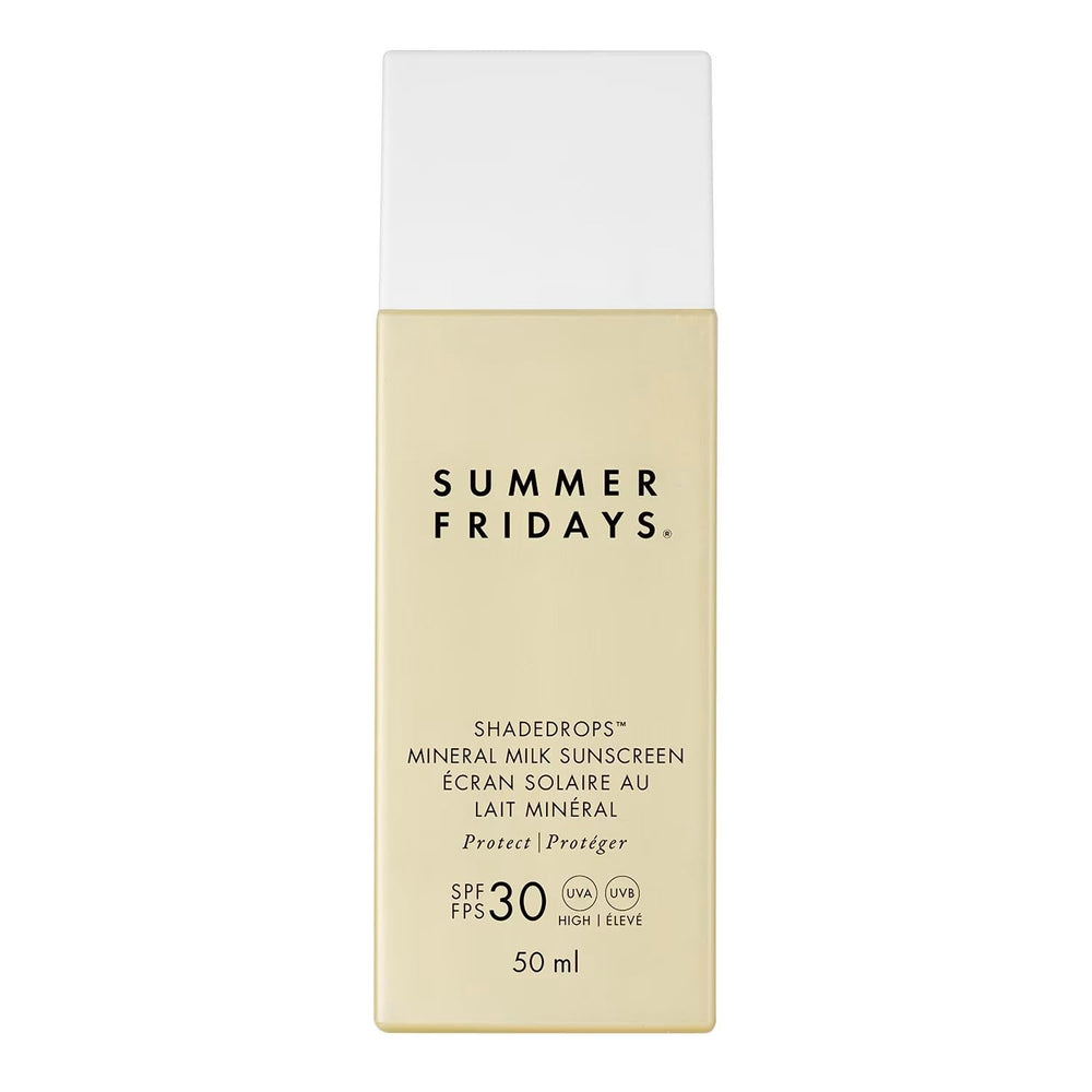 Summer Fridays ShadeDrops SPF 30 mineral milk bottle pour demonstrates easy, lightweight sun protection.
