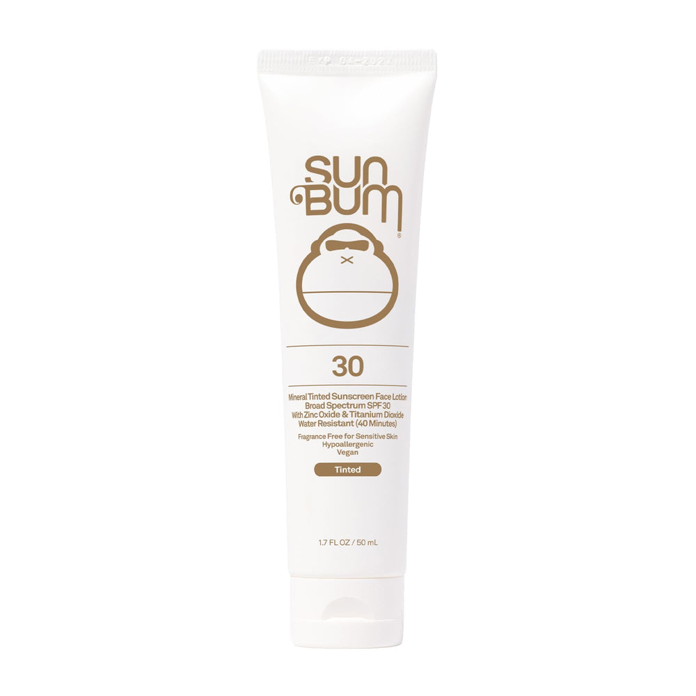 Sun Bum Mineral SPF 30 tinted sunscreen bottle shows matte finish protection.