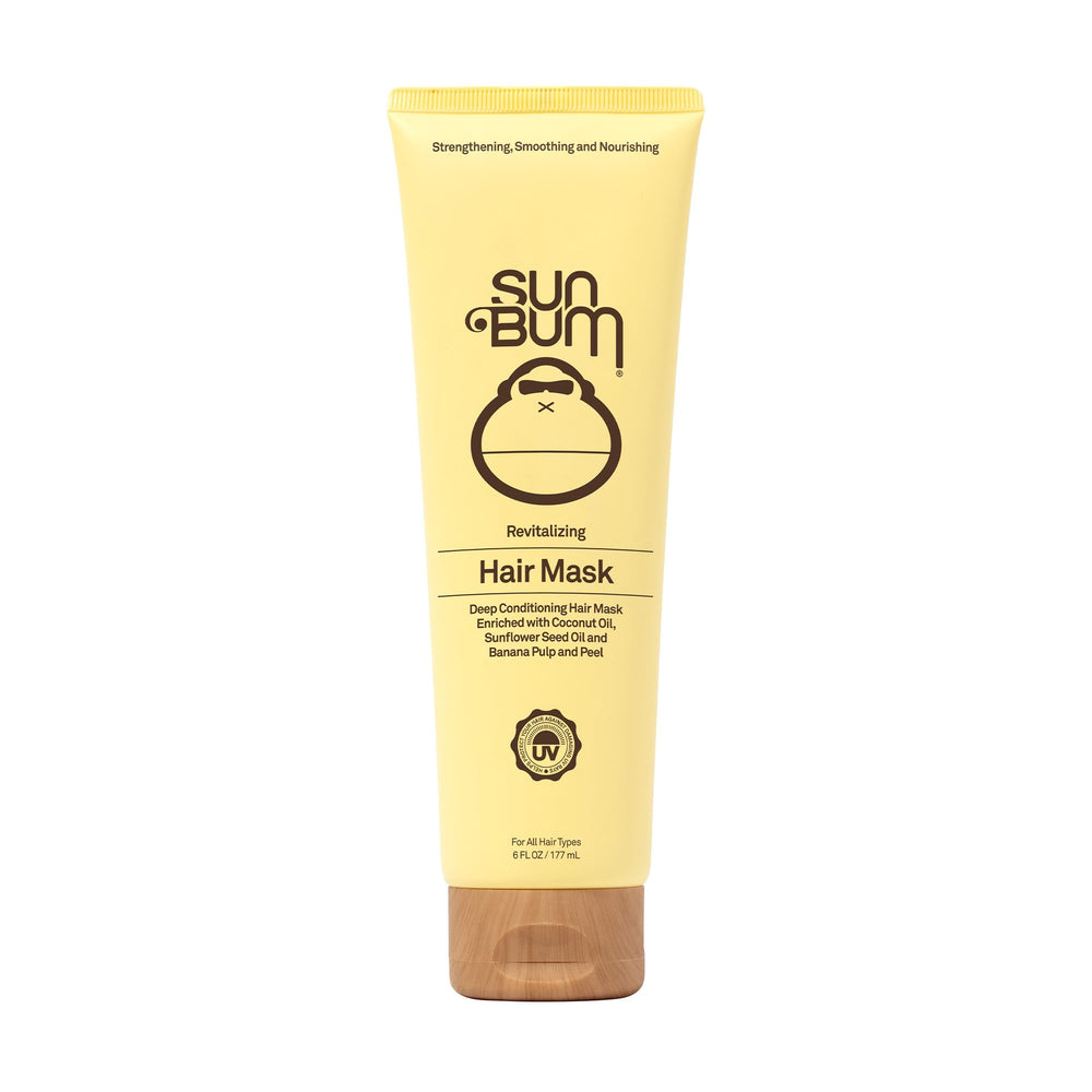 Sun Bum Revitalizing Deep Conditioning Hair Mask bottle close-up highlighting silky, manageable hair potential.