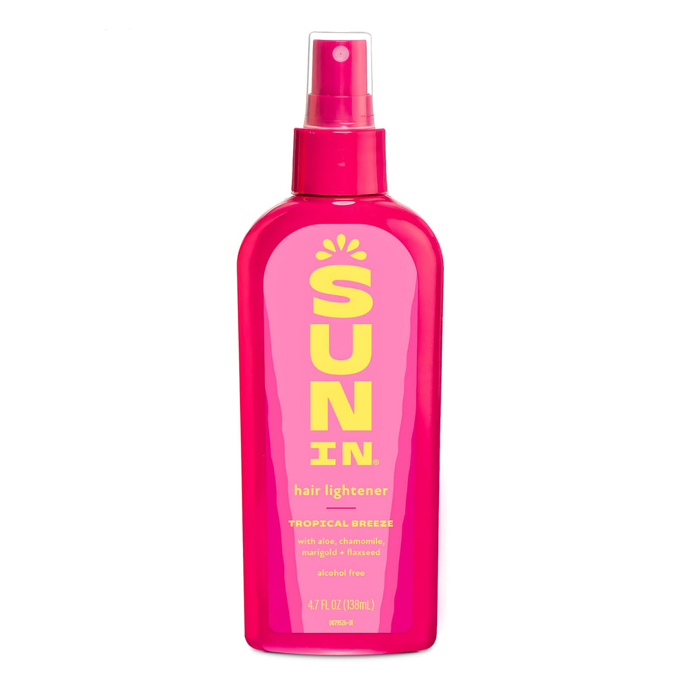 Sun-In spray-in hair lightener bottle shows easy spray application for sun-kissed highlights.