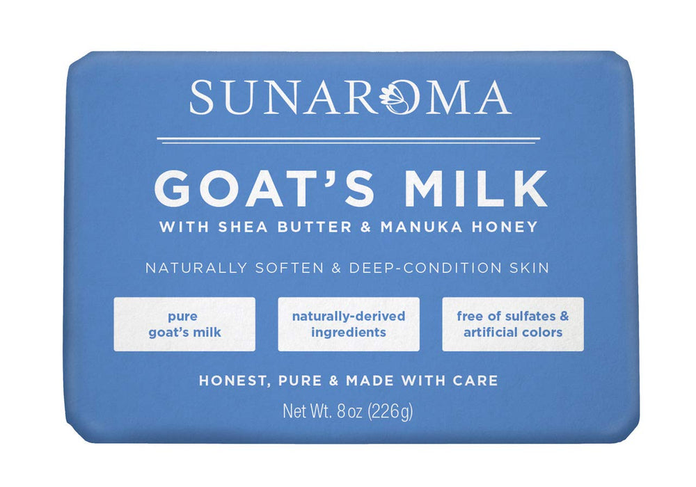 SUNAROMA Jabón de leche de cabra 8oz, muestra una barra suave para piel sedosa.
