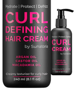 SUNATORIA Curl Cream bottle on vanity demonstrates weightless curl definition for curls.