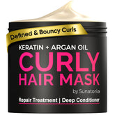 SUNATORIA Curly Hair Mask bottle closeup shows argan-keratin hydration for curls