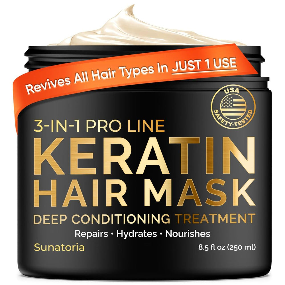 SUNATORIA keratin hair mask bottle shows frizz-control and shine benefits