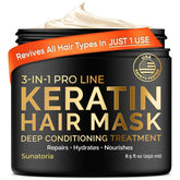 SUNATORIA keratin hair mask bottle shows frizz-control and shine benefits