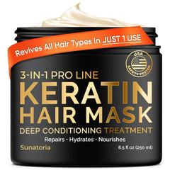 SUNATORIA keratin hair mask bottle shows frizz-control and shine benefits