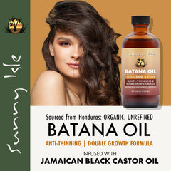 Sunny Isle Batana Oil bottle label highlights natural ingredients.