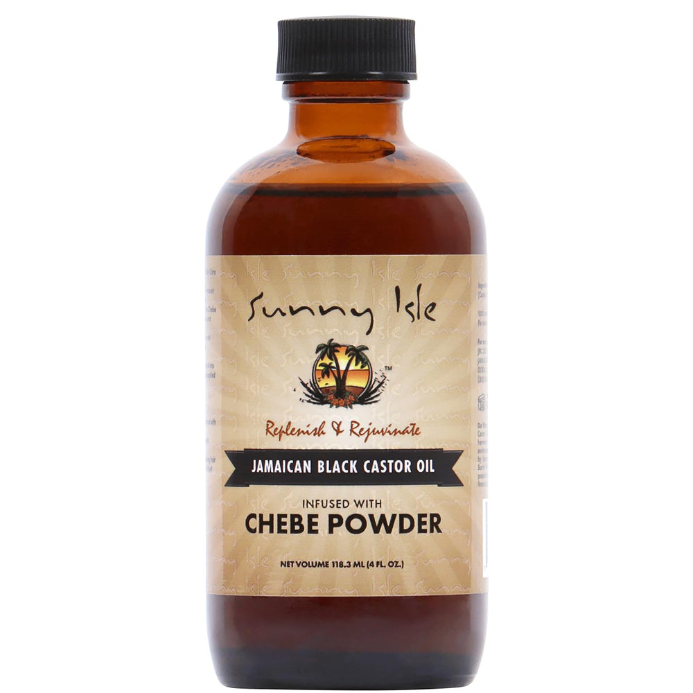 Sunny Isle Jamaican Black Castor Oil Chebe bottle for nourishing hair treatment.