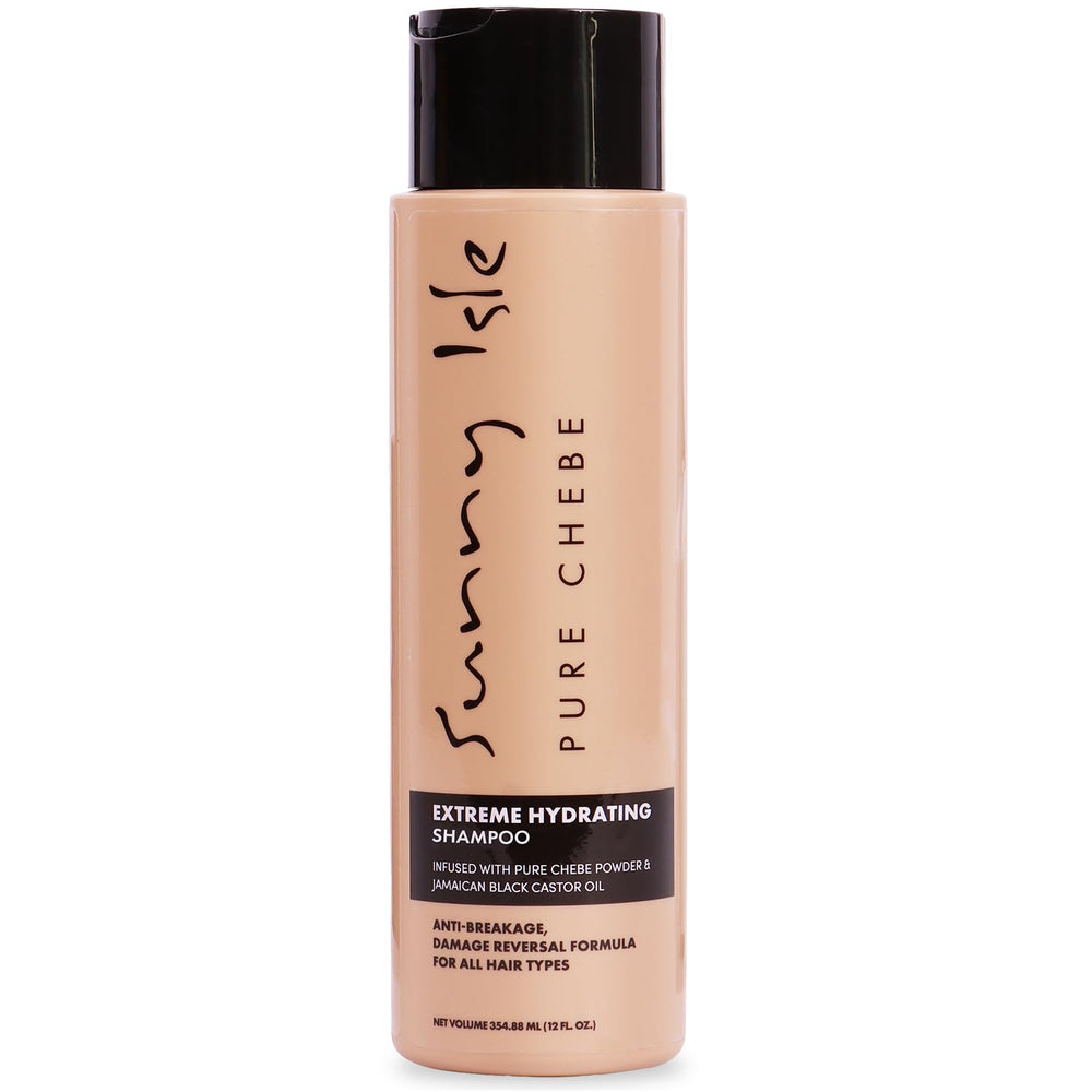 Sunny Isle Pure Chebe Extreme Hydrating Shampoo bottle foreground shows color-safe moisture and anti-breakage support.