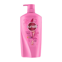Sunsilk Lusciously Thick & Long shampoo bottle front showing lasting volume.