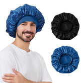 Supaze satin silk bonnet set in black and blue, front view, overnight hair protection.