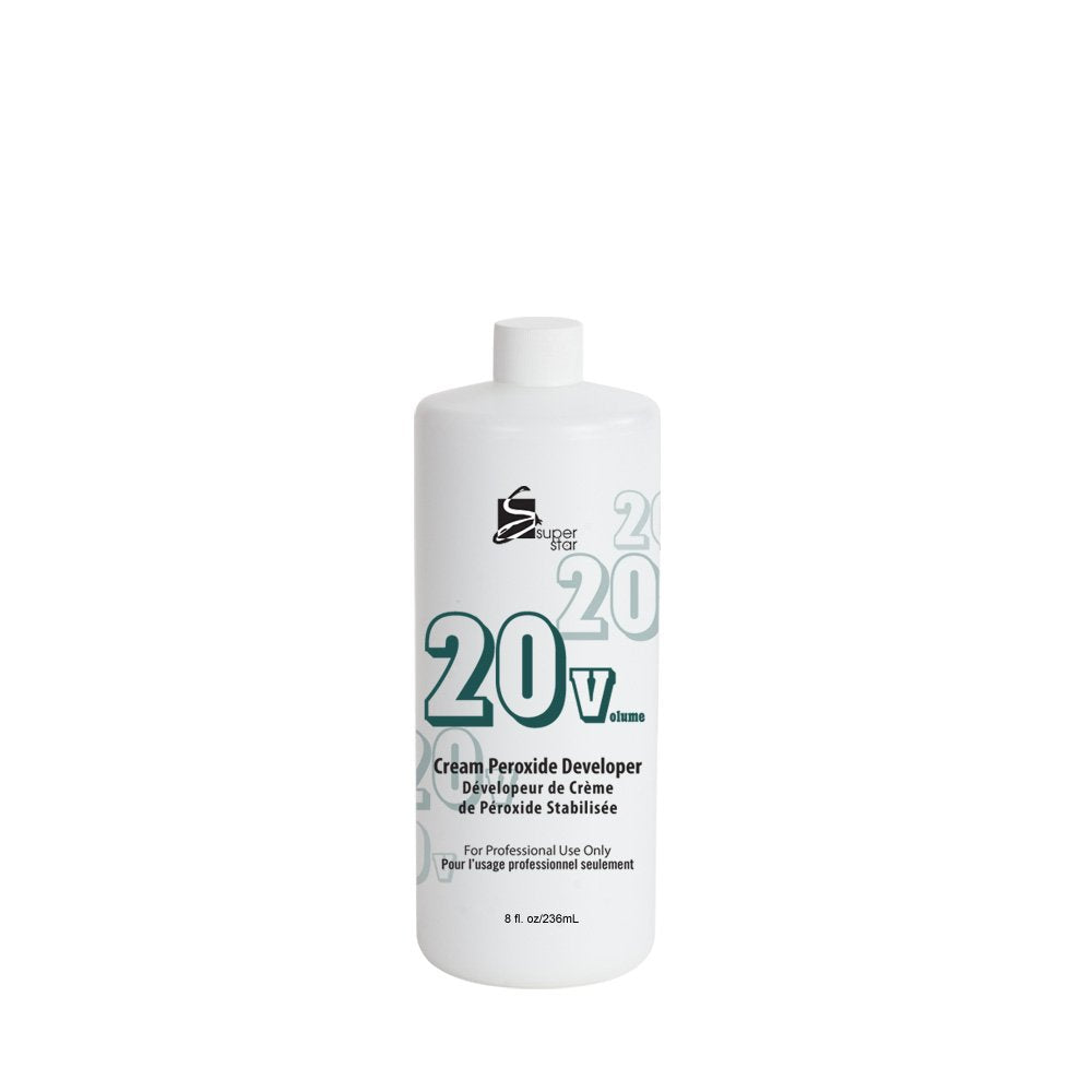Super Star stabilized cream peroxide developer 20V bottle for even color development.