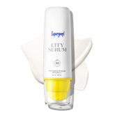 Supergoop City Serum bottle-application shows lightweight SPF 30 daily protection.