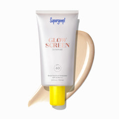 Supergoop! Glowscreen bottle closeup showing SPF 40 protection and radiant finish.
