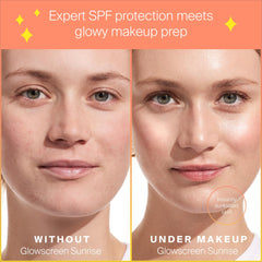 Supergoop! Glowscreen Sunrise on-face finish provides radiant, non-greasy glow beneath makeup.