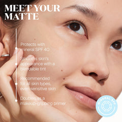 Supergoop! Mineral Mattescreen neutral-tint swatch shows an invisible blend on skin.