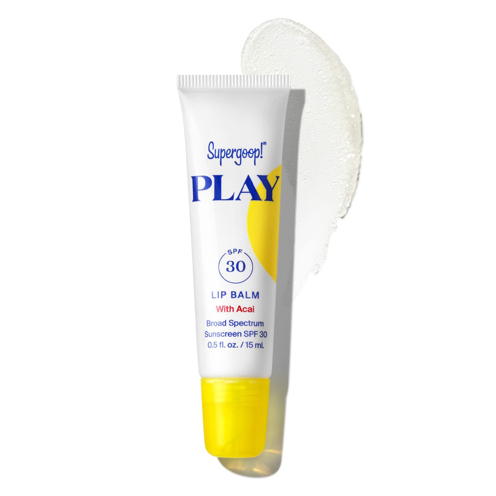 Supergoop! PLAY Lip Balm with Acai tube close-up showing hydrating SPF 30 protection.