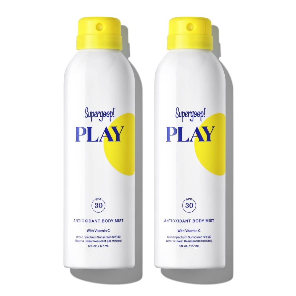Supergoop! PLAY SPF 30 body mist bottle seen from front for light, non-greasy protection.